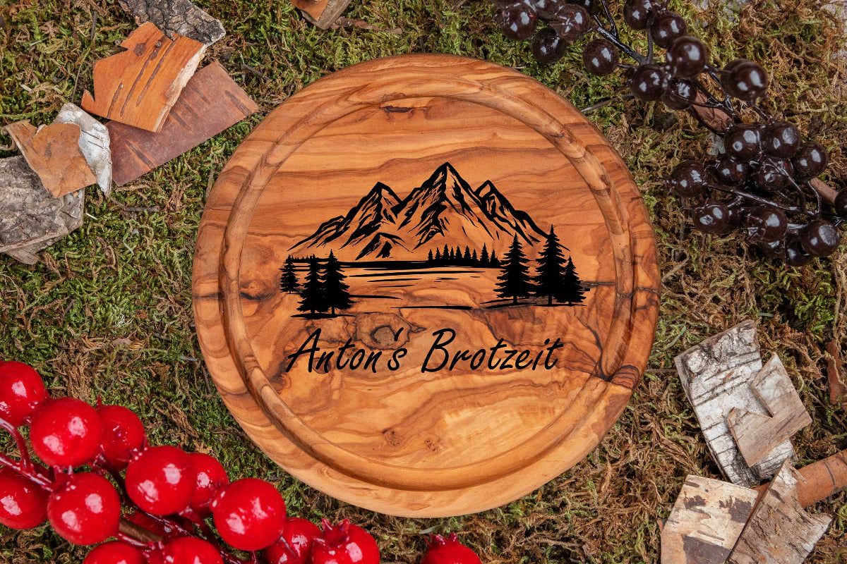 Rundes Brotzeitbrett Olivenholz mit vielen Motiven und Wunschgravur - Schneidebrett