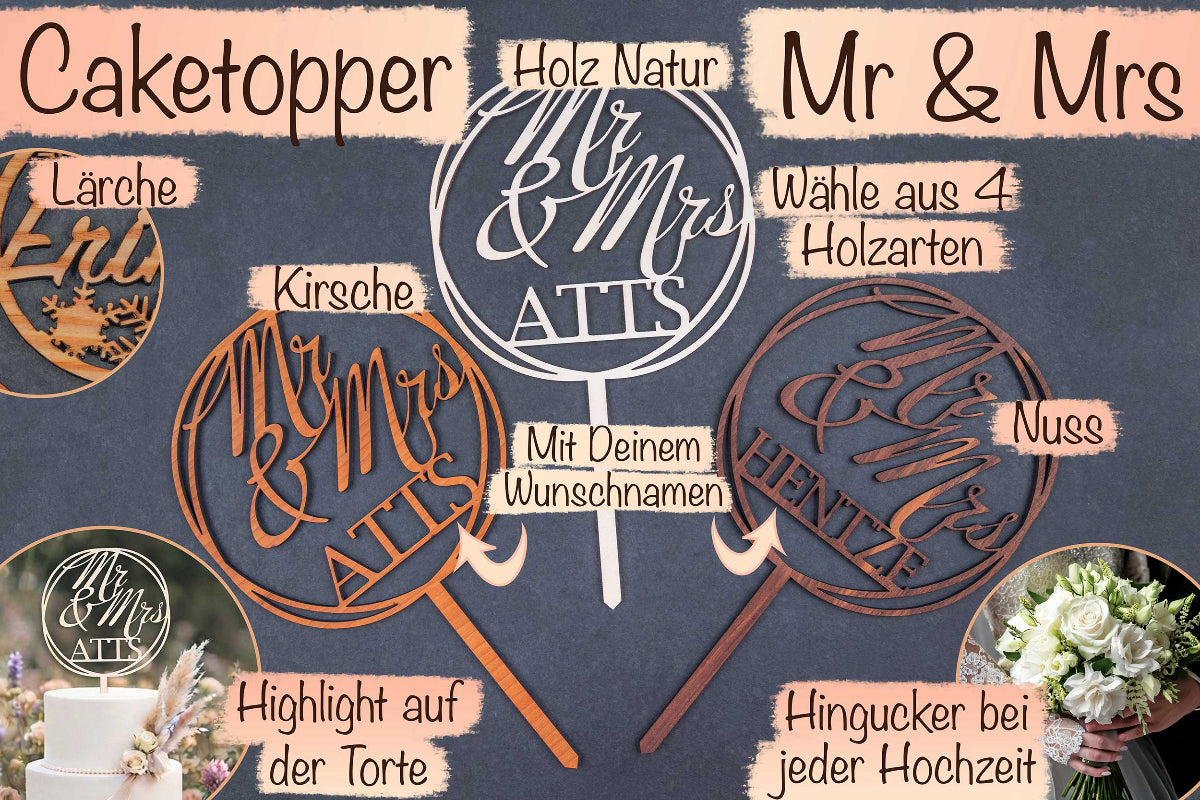 Cake Topper Mr & Mrs aus Holz • Kuchenstecker