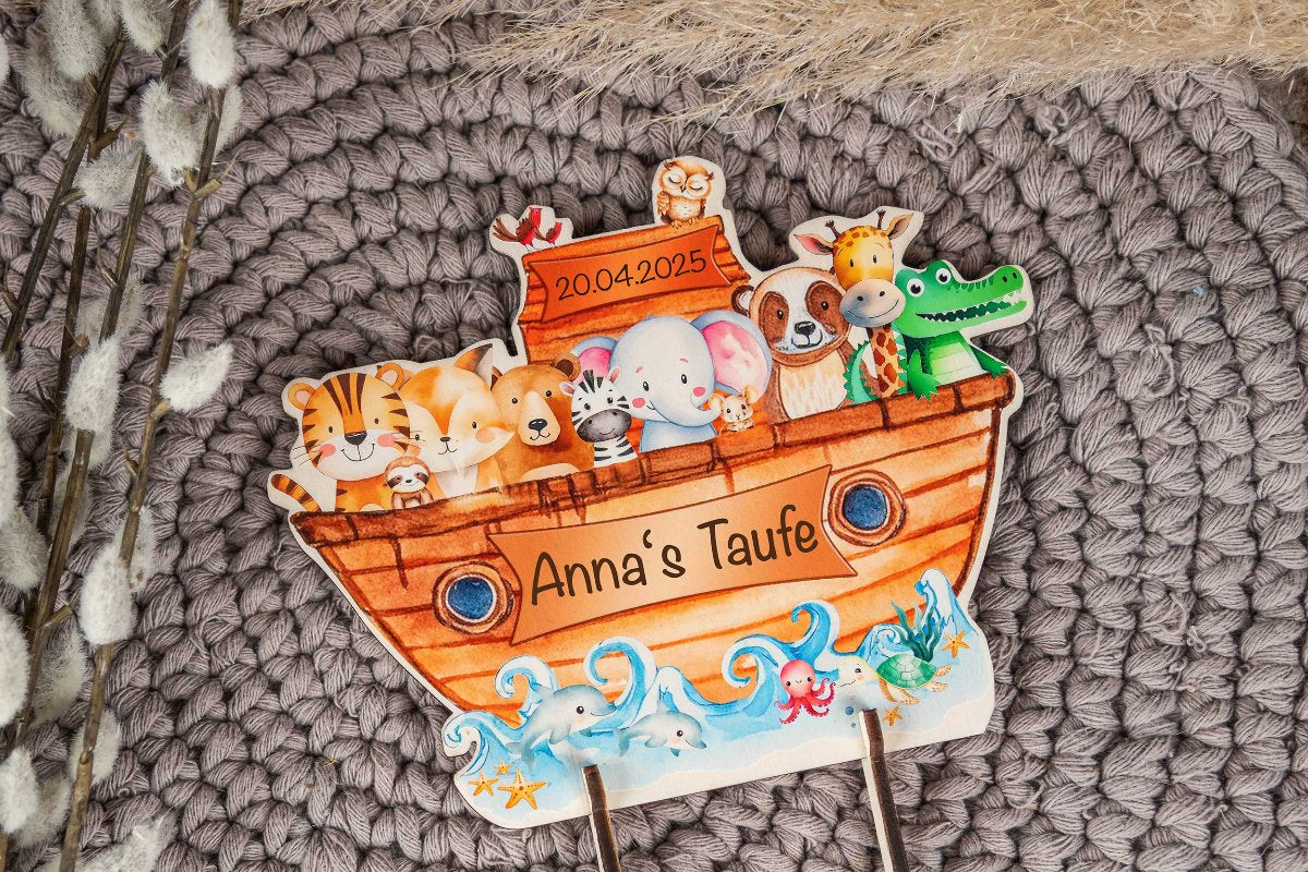 Cake Topper Arche Noah bunt zur Taufe personalisiert