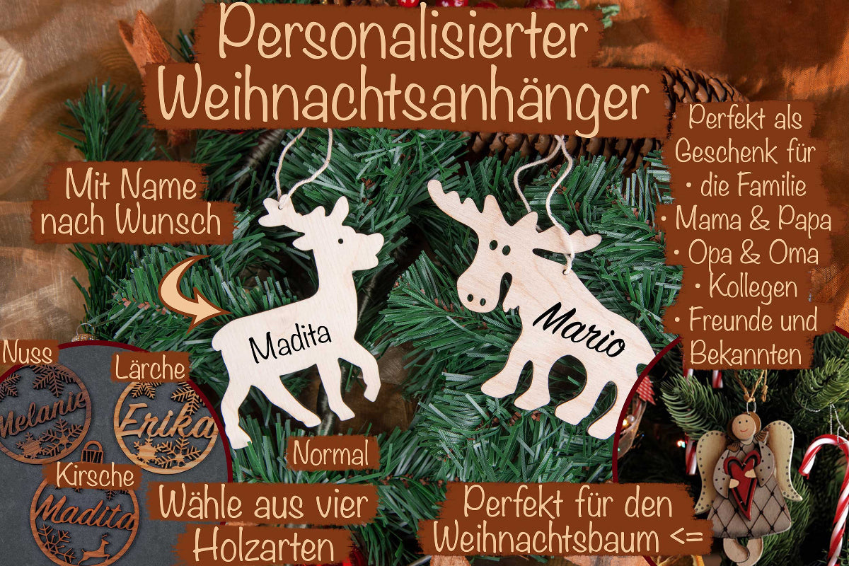 Rentier und Elch personalisiert als Christbaumschmuck aus Holz