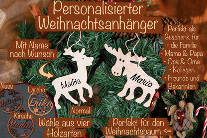 Rentier und Elch personalisiert als Christbaumschmuck aus Holz