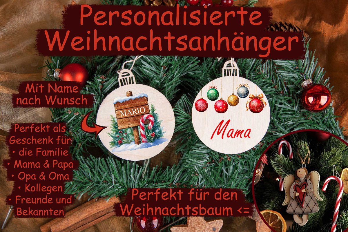 Christbaumschmuck aus Holz mit Namen Weihnachtskugeln bunt