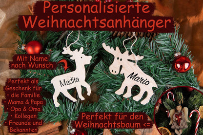 Rentier und Elch personalisiert als Christbaumschmuck aus Holz