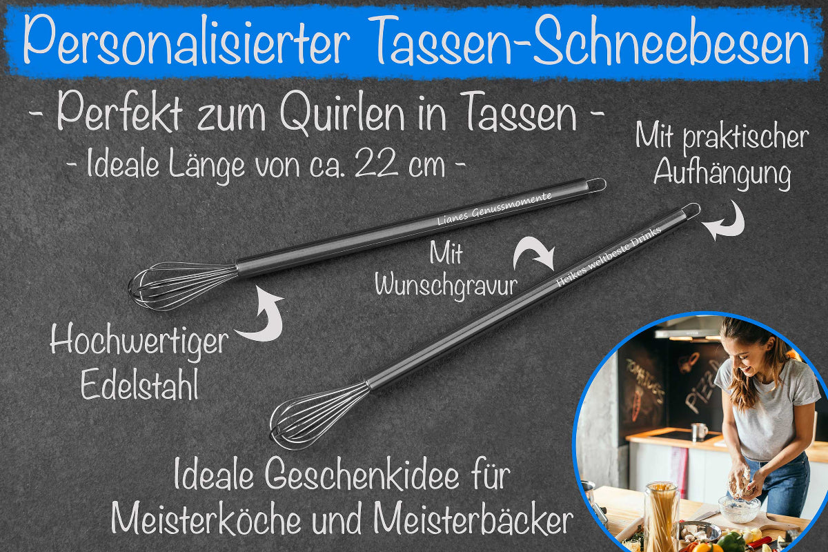 Tassen Schneebesen mit Namen personalisiert aus Edelstahl • Cocktail-Quirl
