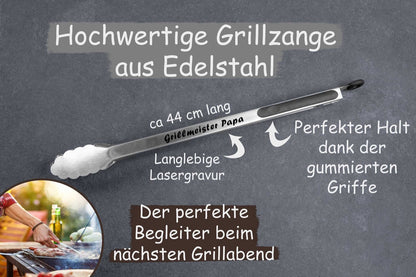 Personalisierte Grillzange aus Edelstahl mit Gummigriffen