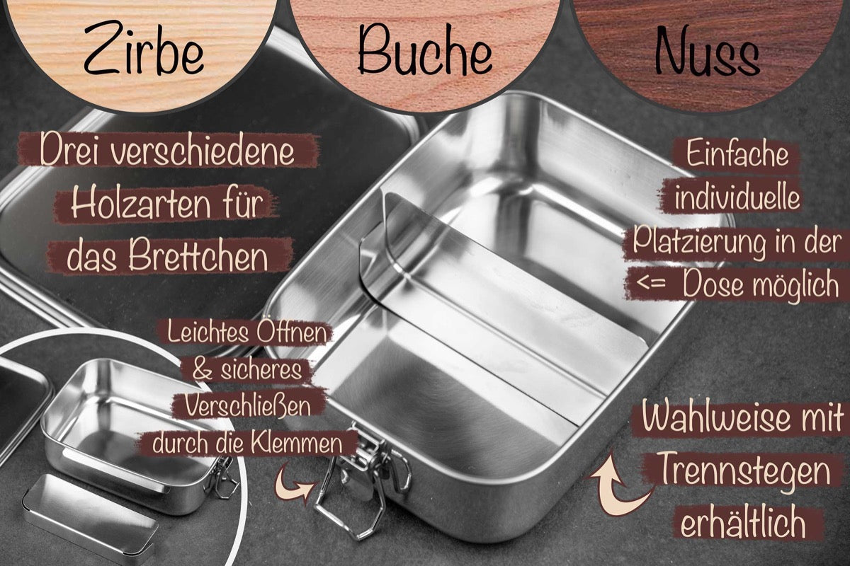Brotdose personalisiert aus Edelstahl mit Holzdeckel als Schneidebrett