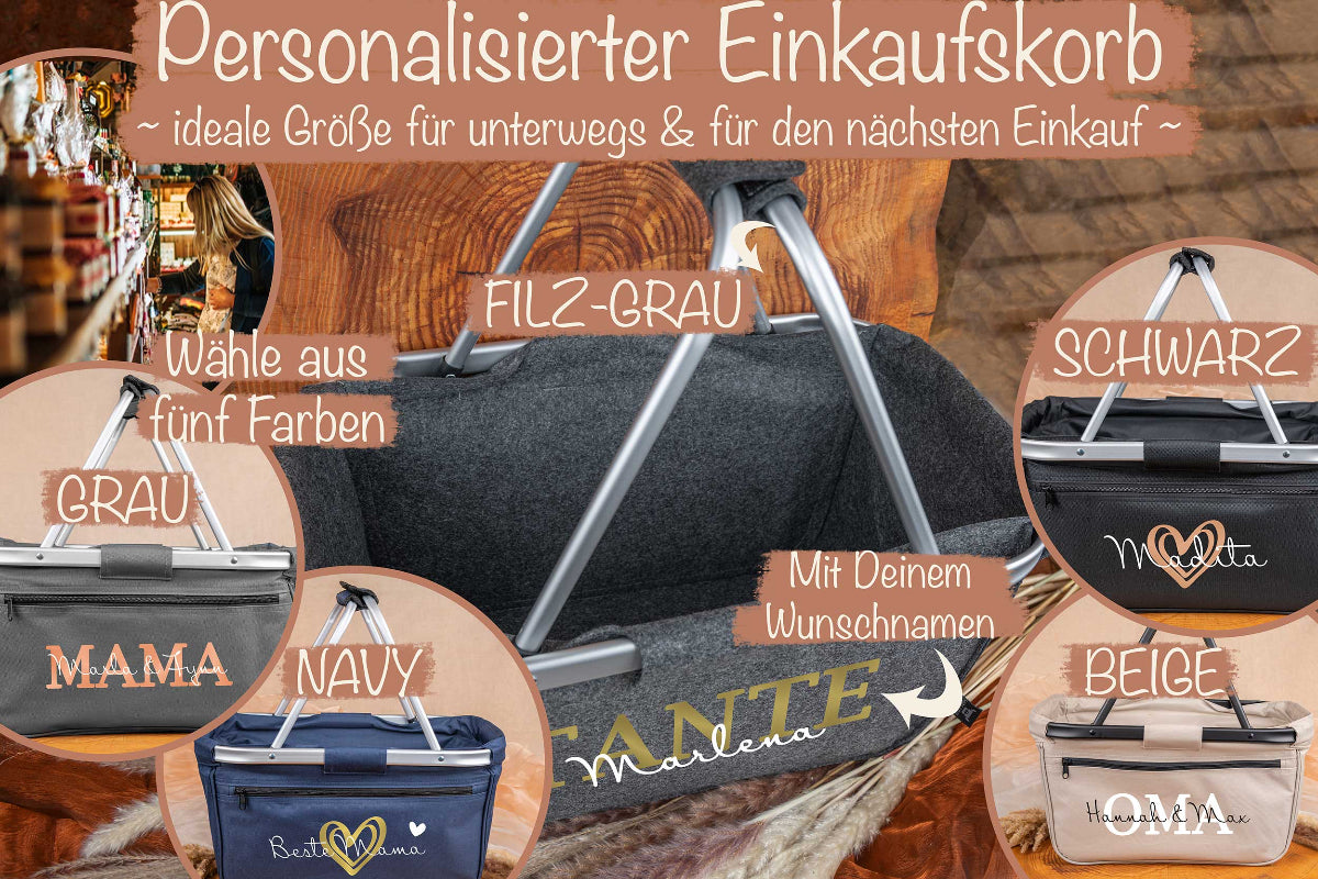 Einkaufskorb personalisiert mit Wunschtext in fünf Farben