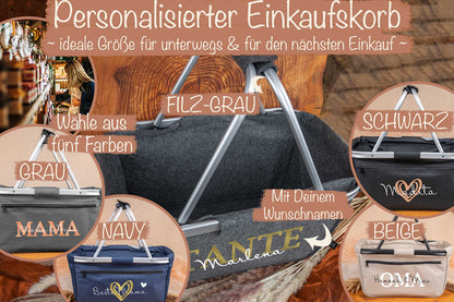 Einkaufskorb personalisiert mit Wunschtext in fünf Farben