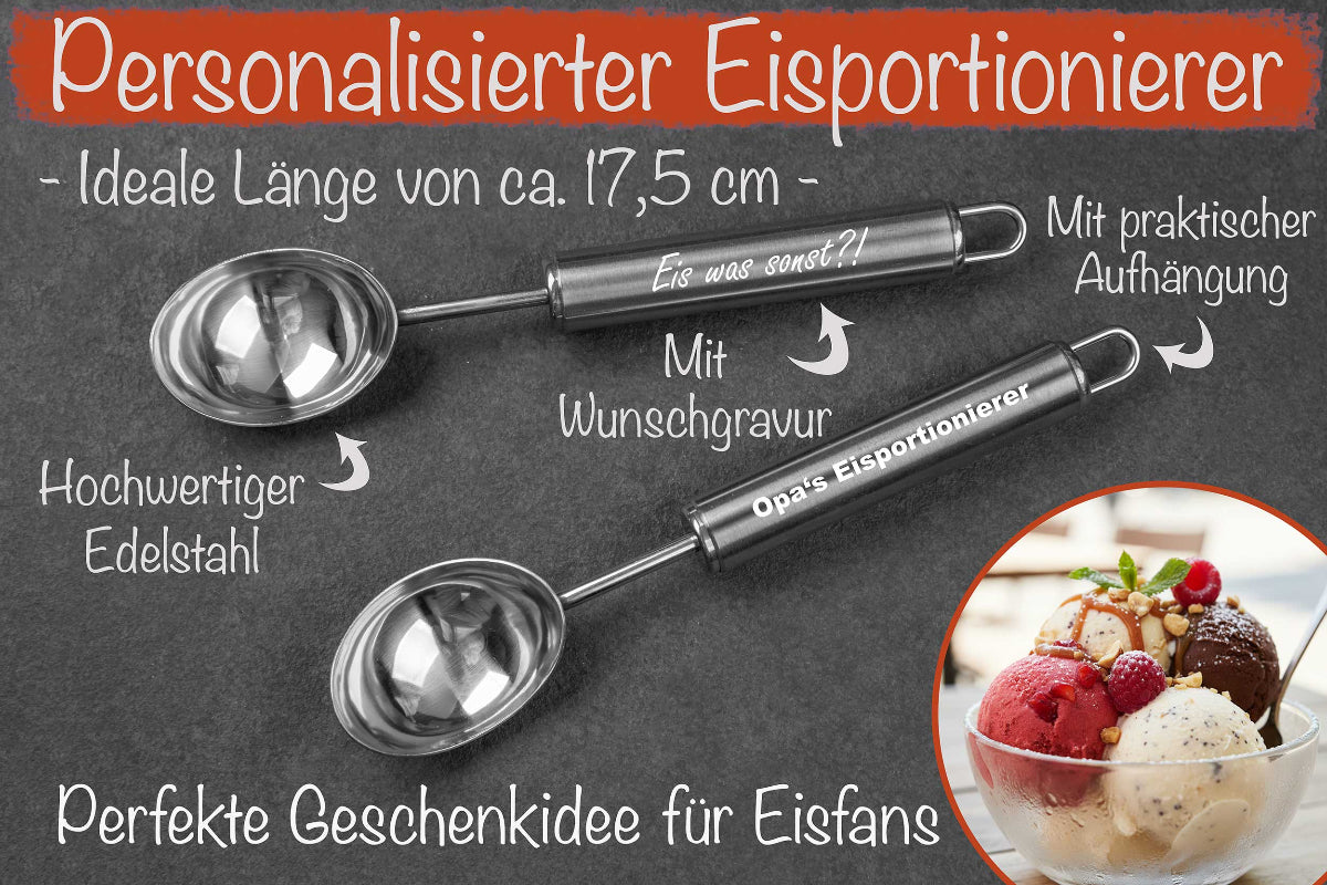 Premium Eisportionierer personalisiert mit Namen aus Edelstahl - Eislöffel