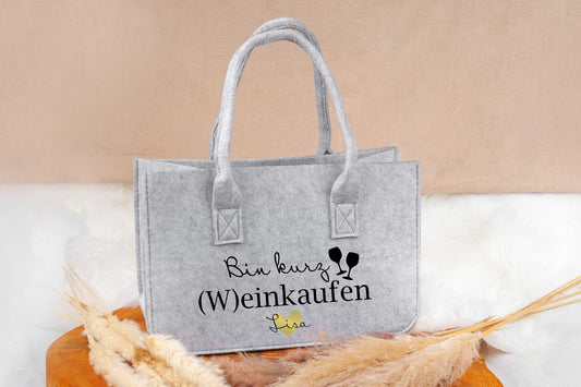 Personalisierte Filztasche mit Name  - Bin kurz Weinkaufen