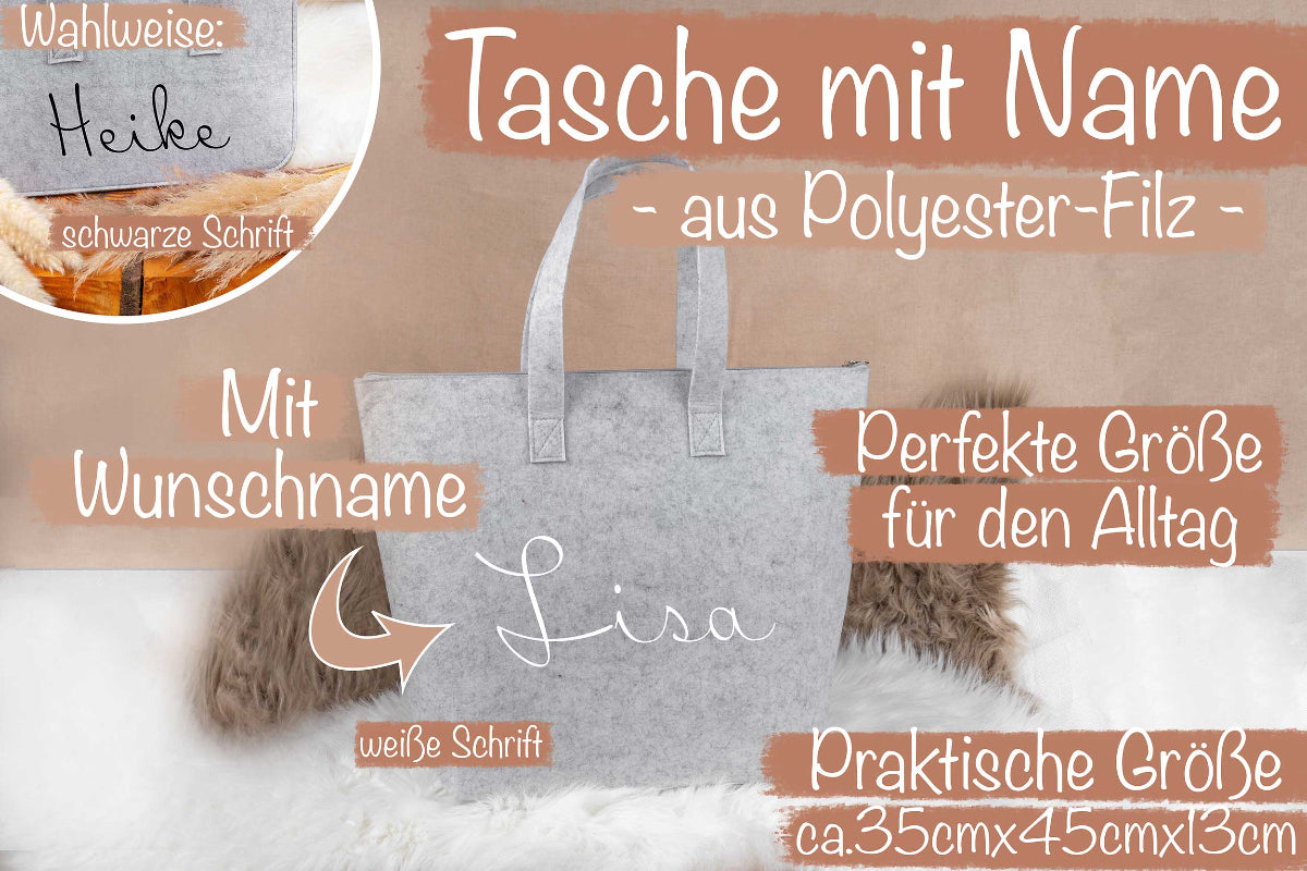 Filztasche personalisiert mit Name und Reißverschluss - Einkaufstasche, Shopper