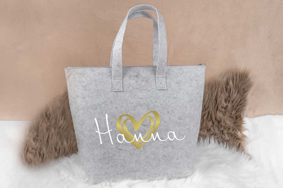 Tasche personalisiert mit Name und Reißverschluss auf Filz - Einkaufstasche, Shopper