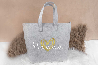 Tasche personalisiert mit Name und Reißverschluss auf Filz - Einkaufstasche, Shopper
