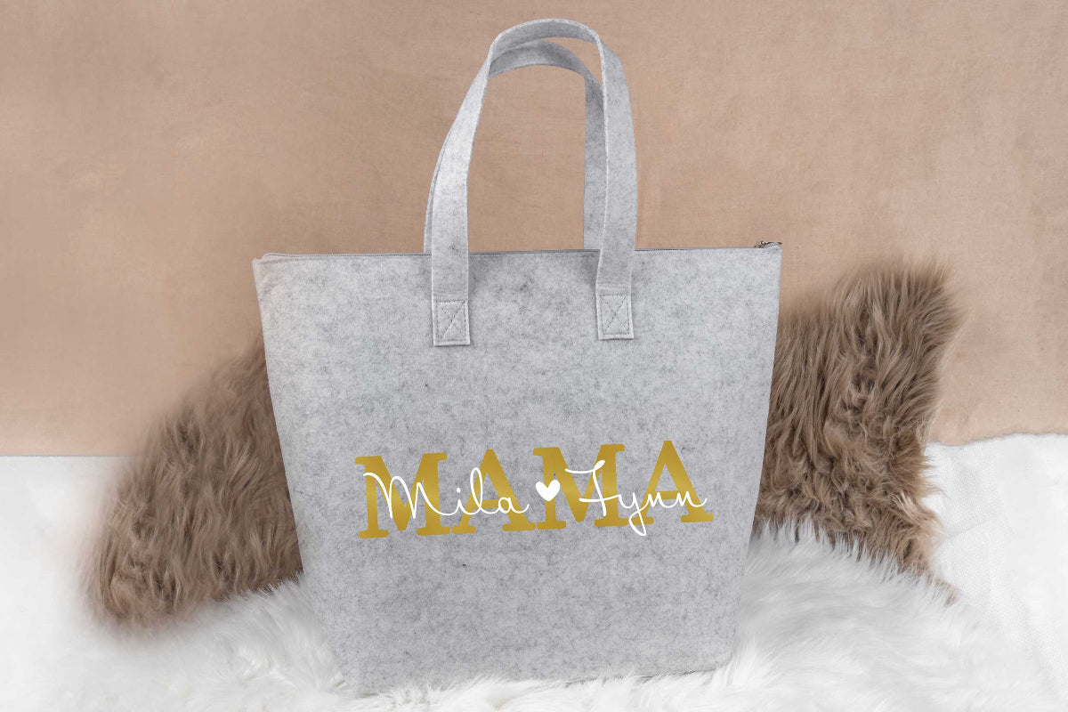 Tasche personalisiert mit Name und Reißverschluss auf Filz - Einkaufstasche, Shopper