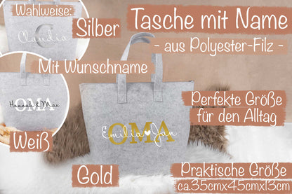 Tasche personalisiert mit Name und Reißverschluss auf Filz - Einkaufstasche, Shopper