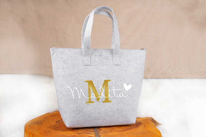 Tasche personalisiert mit Name und Reißverschluss auf Filz - Einkaufstasche, Shopper