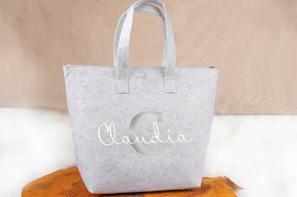 Tasche personalisiert mit Name und Reißverschluss auf Filz - Einkaufstasche, Shopper