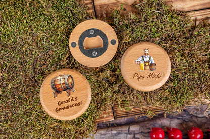 Flaschenöffner Buchenholz rund personalisiert bunt