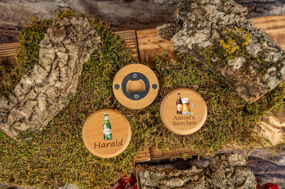 Flaschenöffner Buchenholz rund personalisiert bunt