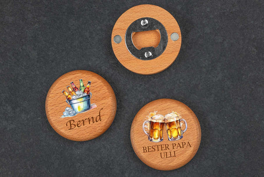 Flaschenöffner Buchenholz rund personalisiert bunt