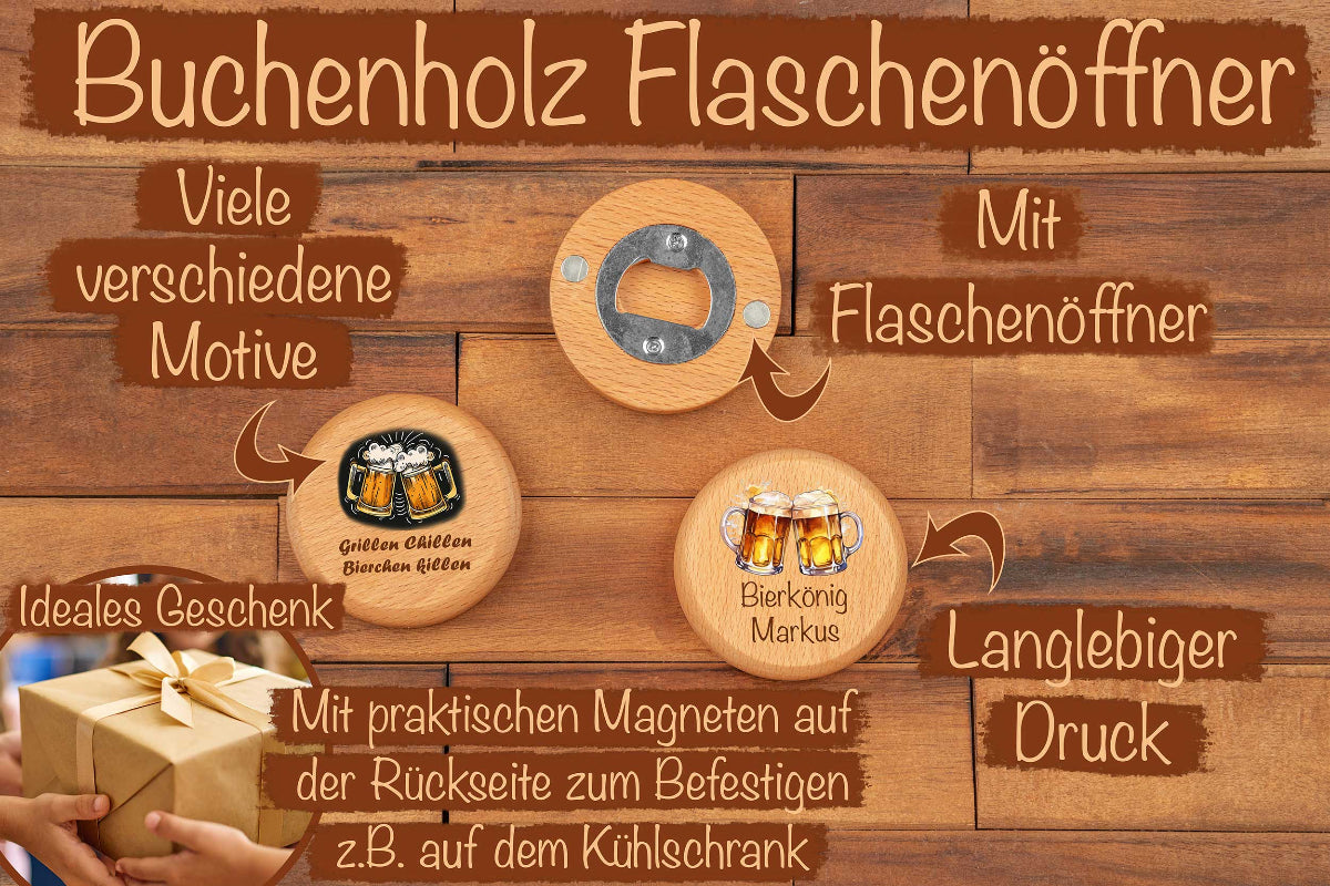 Flaschenöffner Buchenholz rund personalisiert bunt