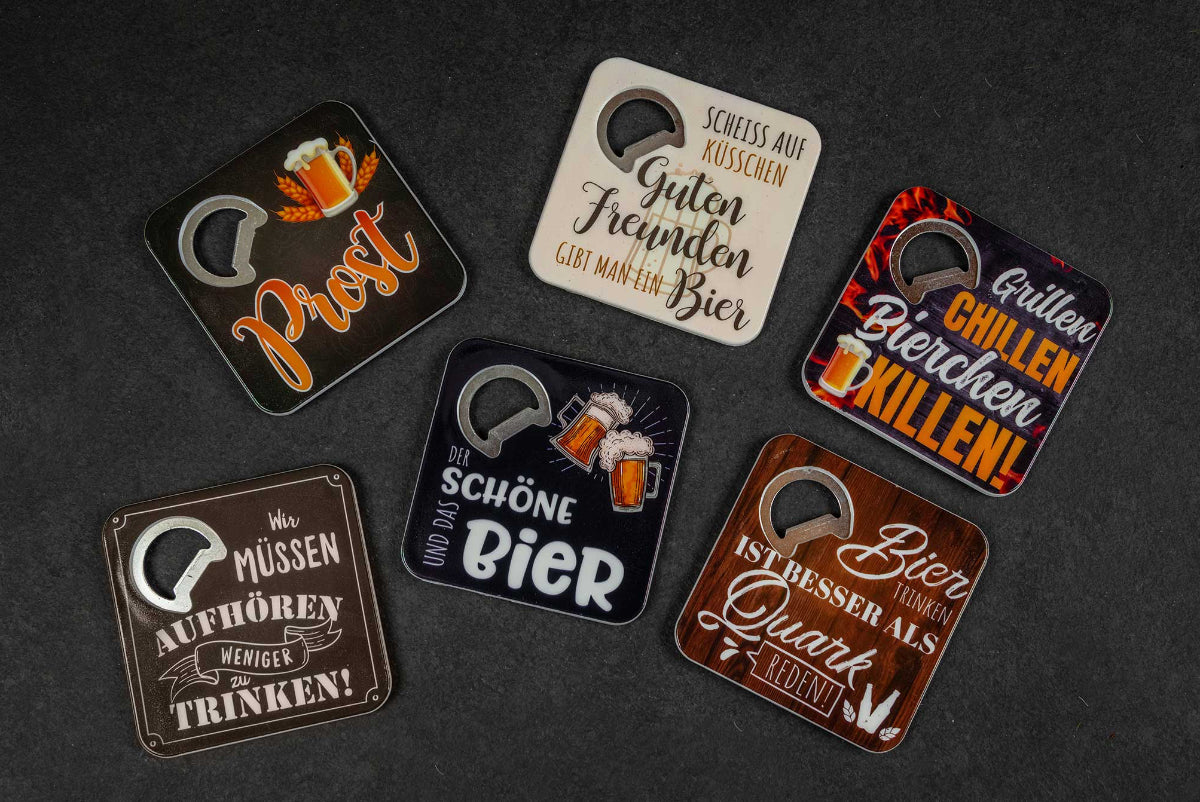 Flaschenöffner und Untersetzer in Einem mit bunten Motiven