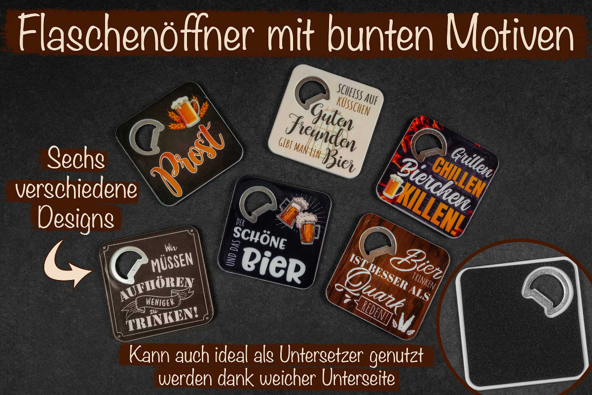 Flaschenöffner und Untersetzer in Einem mit bunten Motiven