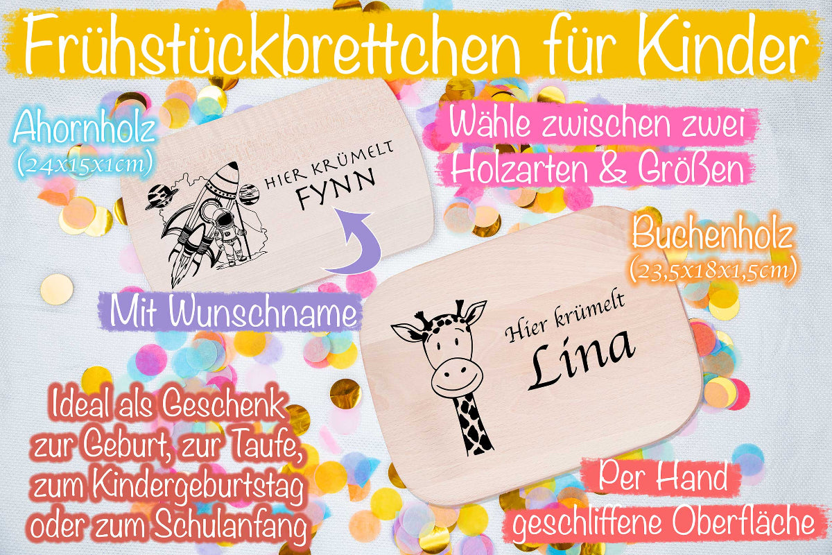 Frühstücksbrett personalisiert für Kinder mit Tiermotiven