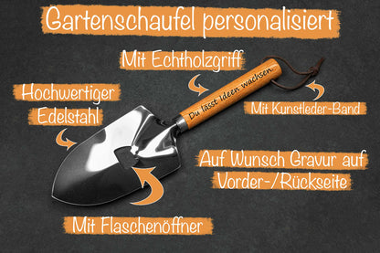 Gartenschaufel personalisiert mit Gravur und Flaschenöffner