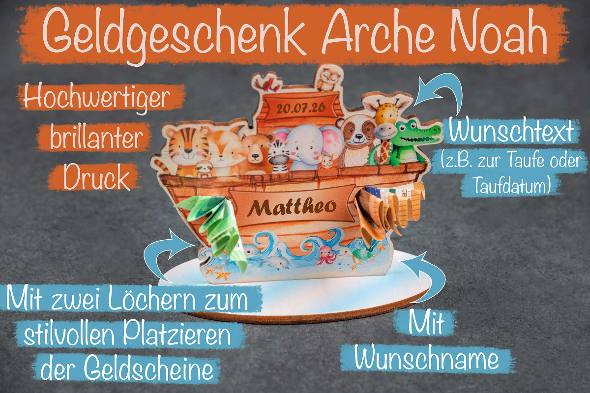 Geldgeschenk zur Taufe Arche Noah bunt personalisiert