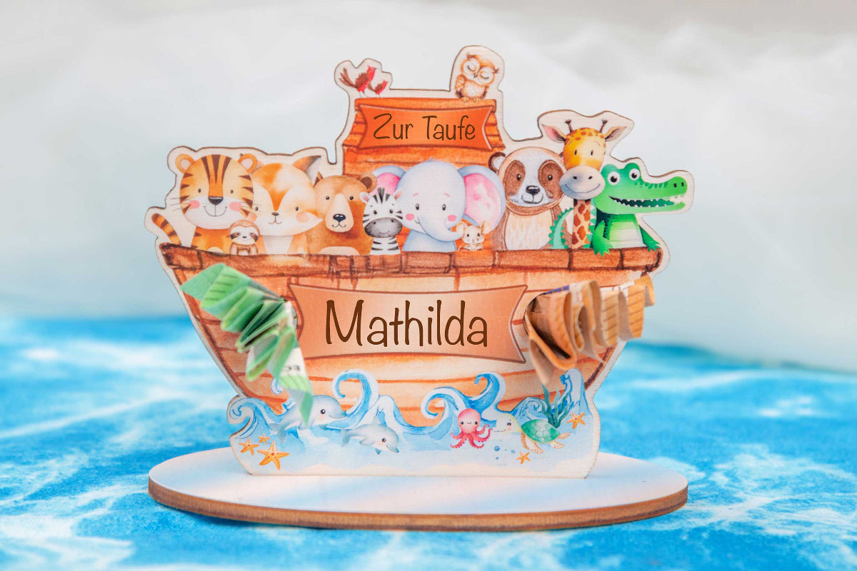 Geldgeschenk zur Taufe Arche Noah bunt personalisiert