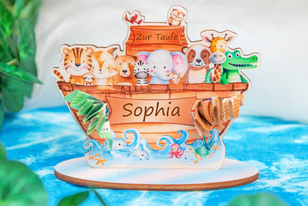 Geldgeschenk zur Taufe Arche Noah bunt personalisiert