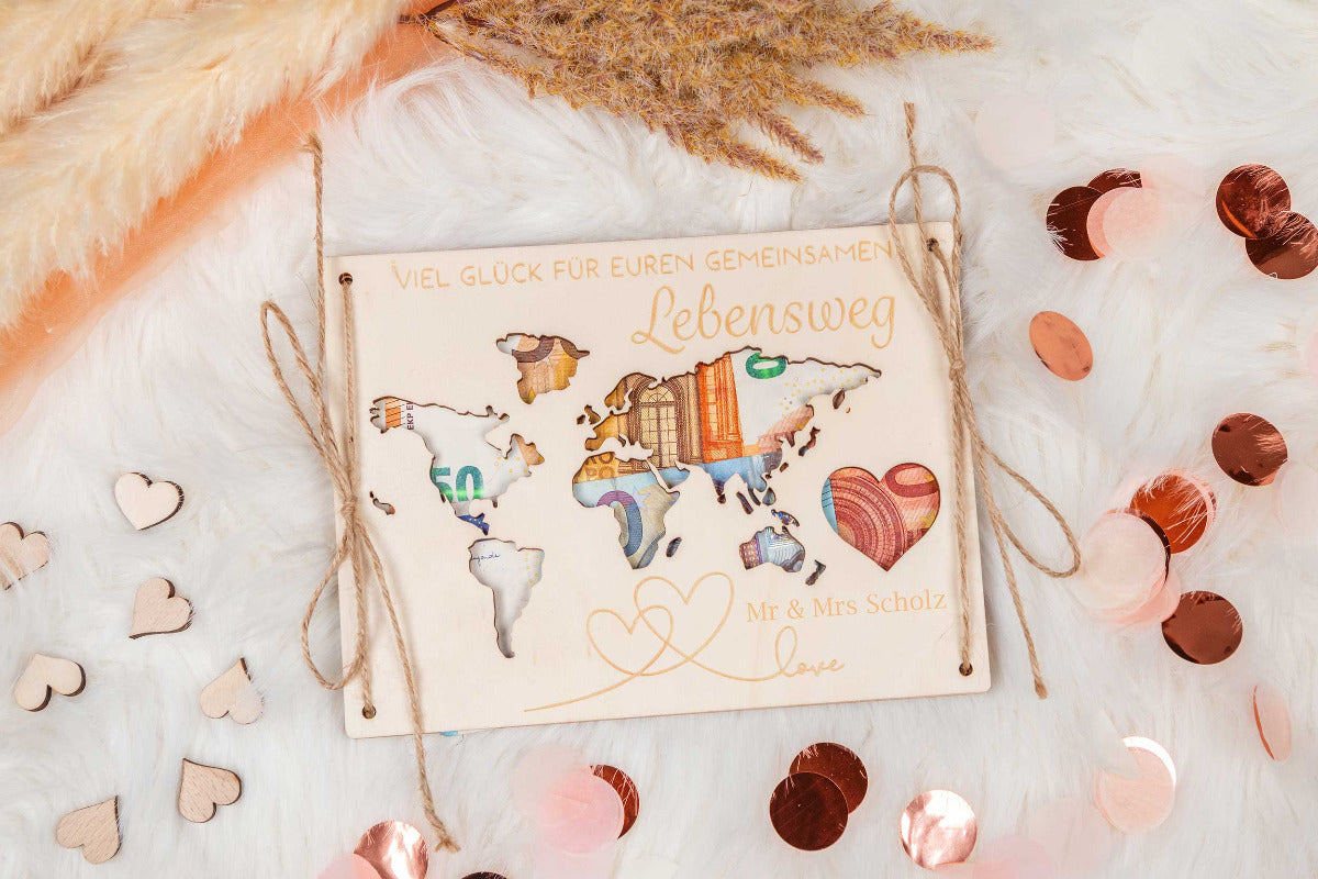 Geldgeschenk zur Hochzeit personalisiert mit Gravur - Gemeinsamer Lebensweg