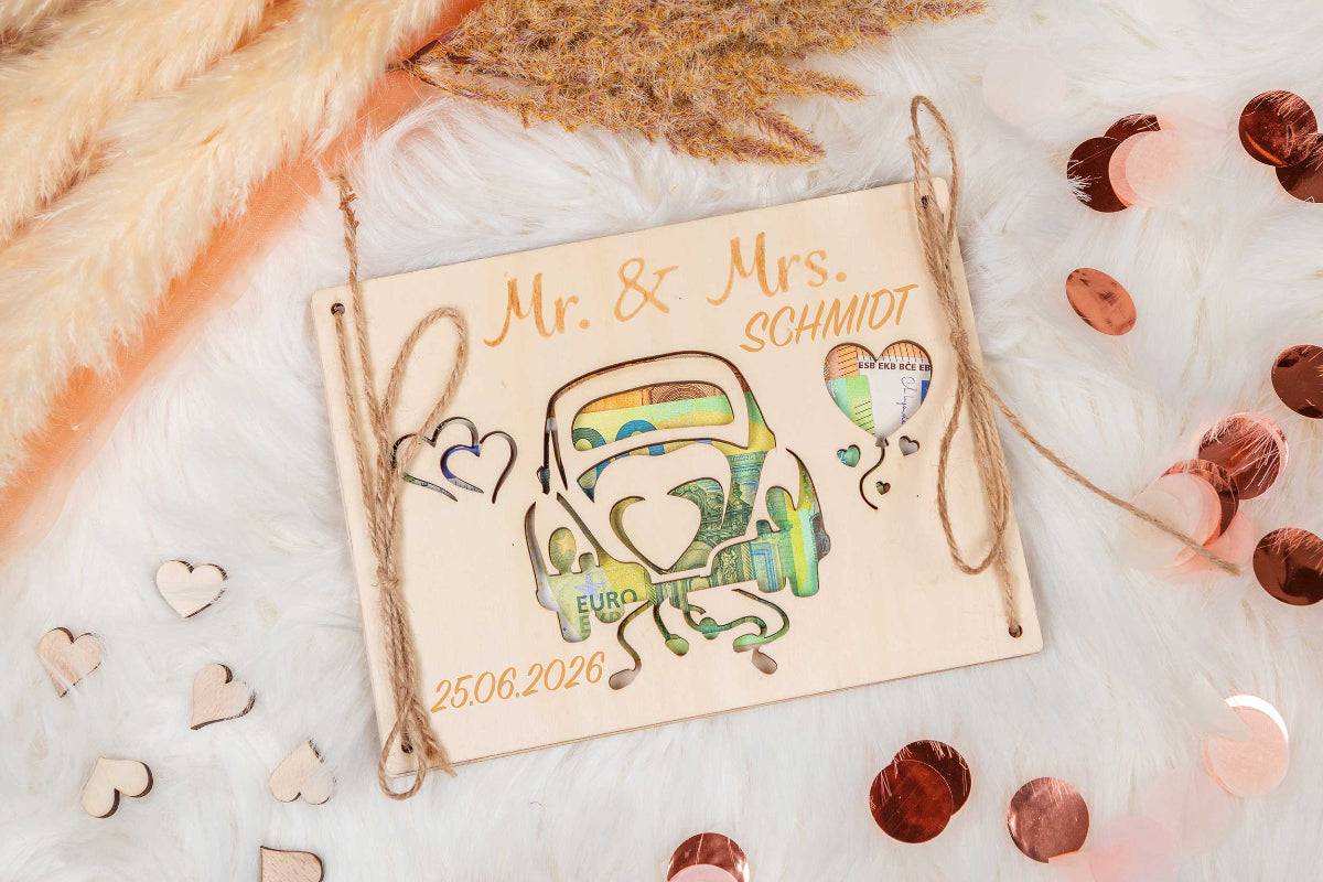 Geldgeschenk zur Hochzeit personalisiert mit Gravur - Mr. & Mrs.