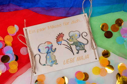 Geldgeschenk Geburtstag personalisiert mit Gravur - Ein paar Mäuse für Dich…