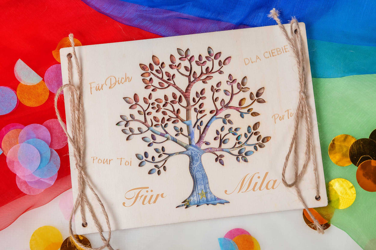 Geldgeschenk Lebensbaum personalisiert mit Gravur