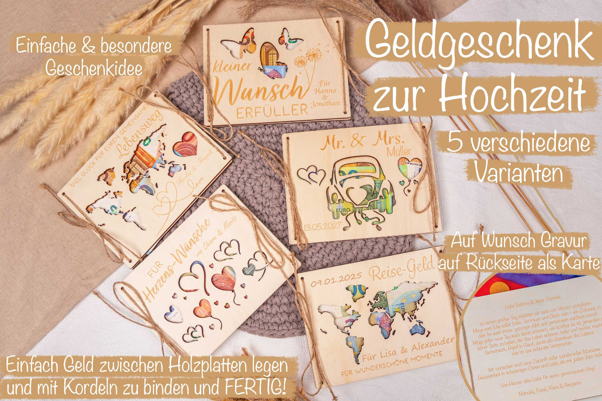 Geldgeschenk zur Hochzeit personalisiert mit Gravur - Gemeinsamer Lebensweg