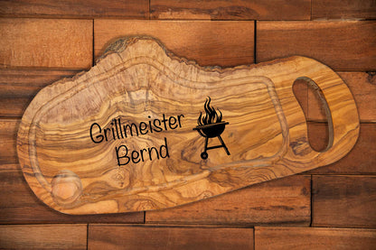 Grillbrett aus Olivenholz mit Gravur und Griff • Barbecue Brett • BBQ Brett
