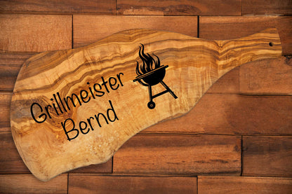 Olivenholz Grillbrett mit Gravur und Griff • Steakbrett • BBQ Brett