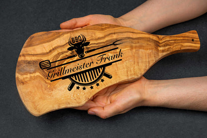 Olivenholz Grillbrett mit Gravur und Griff • Steakbrett • BBQ Brett