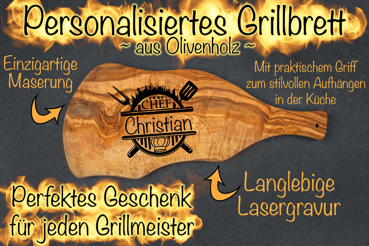 Olivenholz Grillbrett mit Gravur und Griff • Steakbrett • BBQ Brett