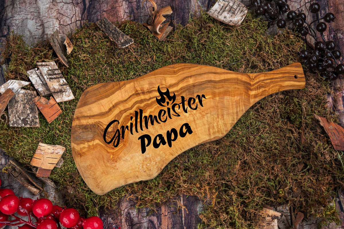 Olivenholz Grillbrett mit Gravur und Griff • Steakbrett • BBQ Brett