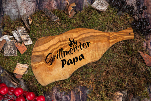 Olivenholz Grillbrett mit Gravur und Griff • Steakbrett • BBQ Brett