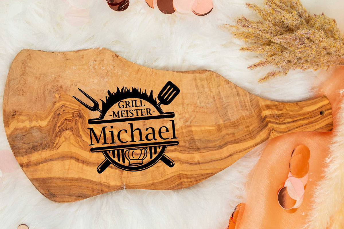 Olivenholz Grillbrett mit Gravur und Griff • Steakbrett • BBQ Brett