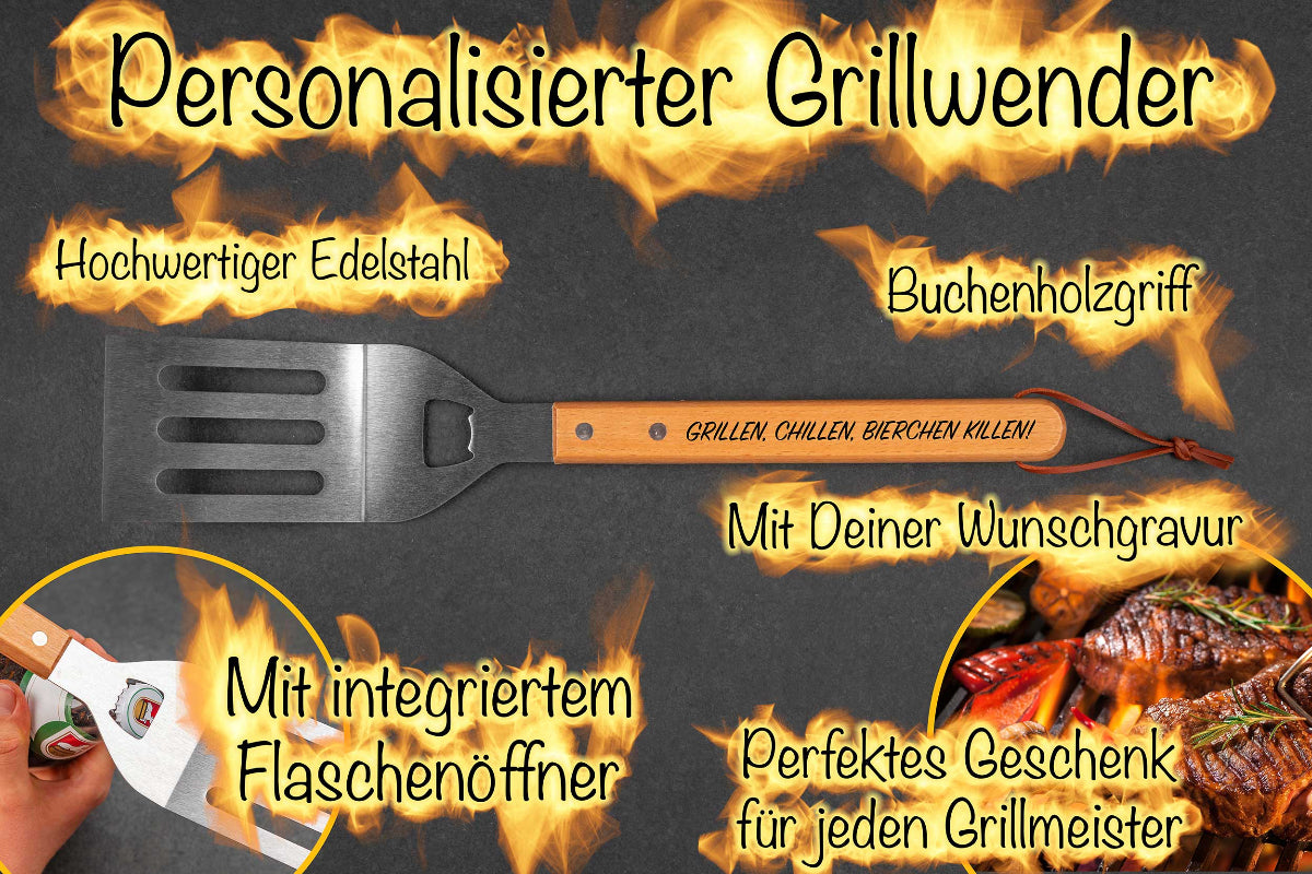 Personalisierter Grillwender mit Flaschenöffner aus Edelstahl • Grillspachtel