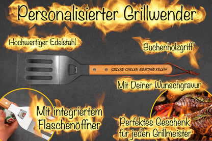 Personalisierter Grillwender mit Flaschenöffner aus Edelstahl • Grillspachtel