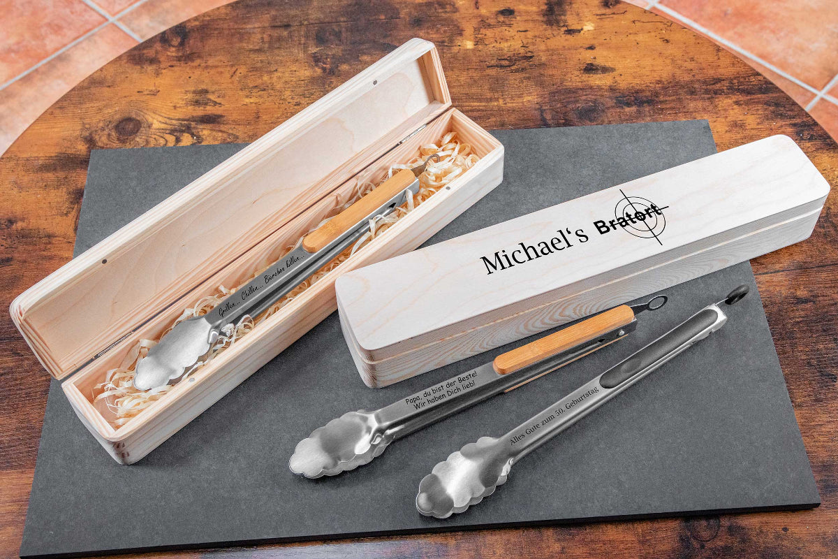 Personalisierte Grillzange aus Edelstahl mit passender Geschenkbox
