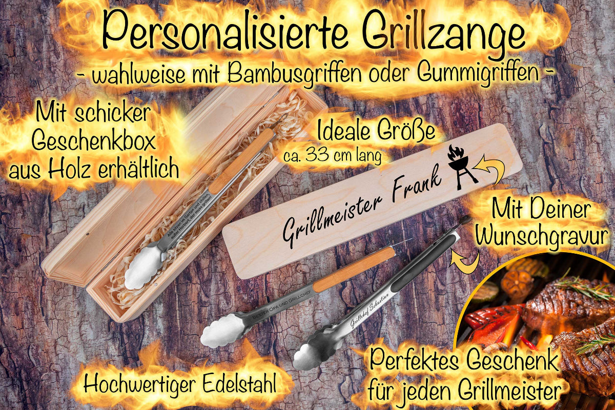 Personalisierte Grillzange aus Edelstahl mit passender Geschenkbox