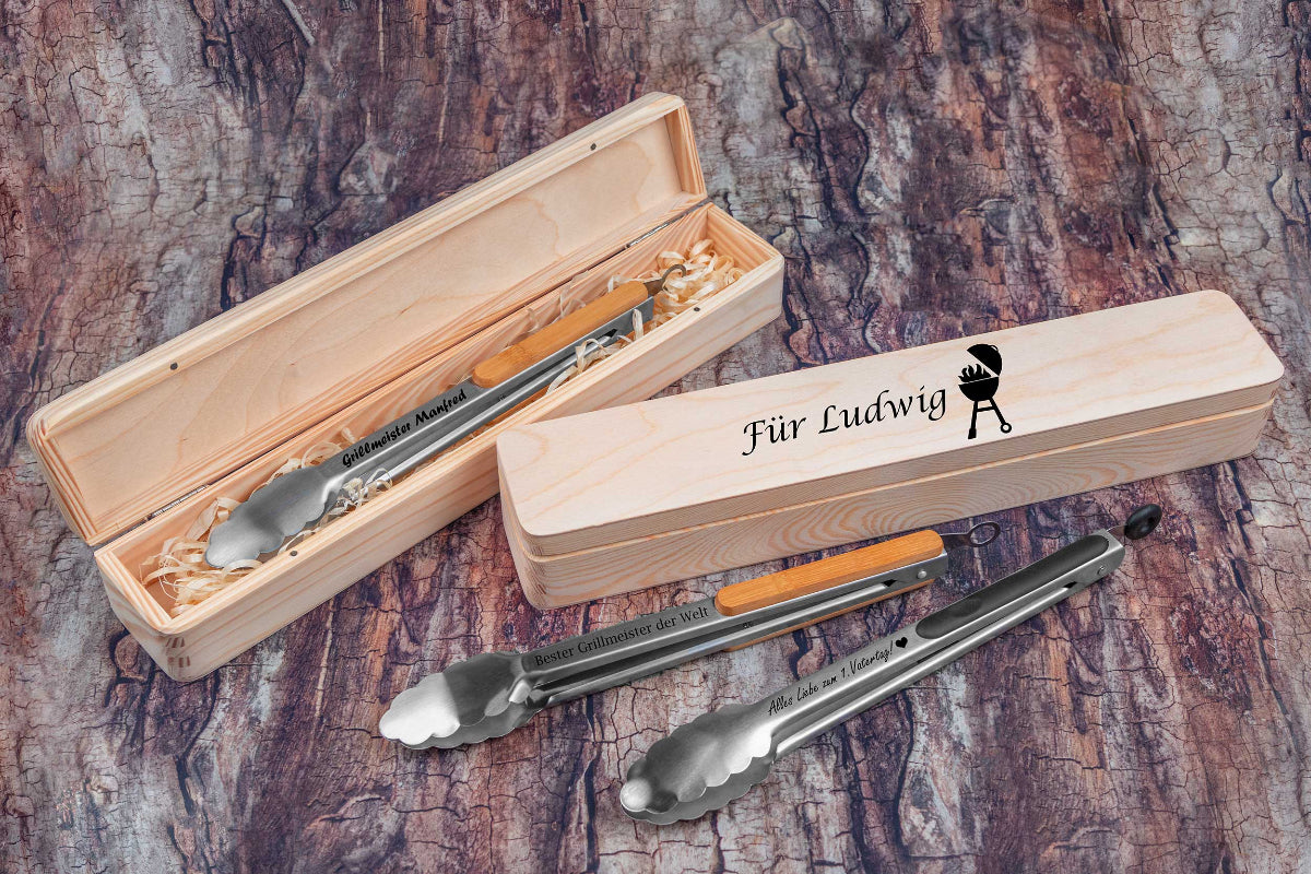 Personalisierte Grillzange aus Edelstahl mit passender Geschenkbox