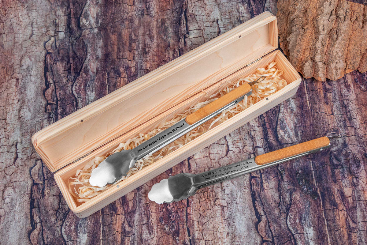 Personalisierte Grillzange aus Edelstahl mit passender Geschenkbox